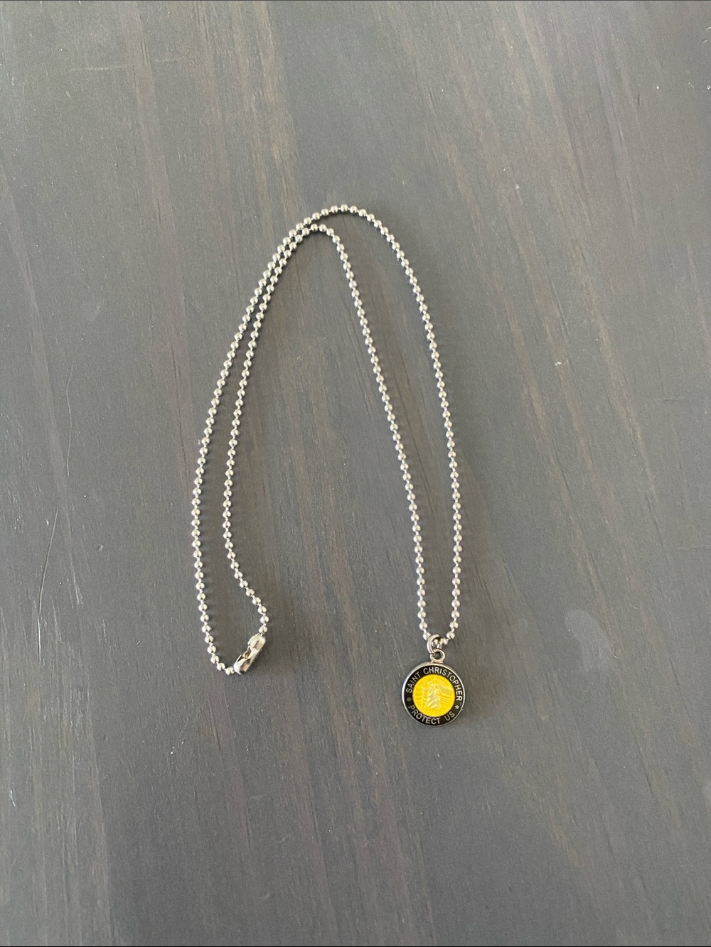 Saint Christopher Pendant Necklace - Silver Chain with Yellow & Black Medallion